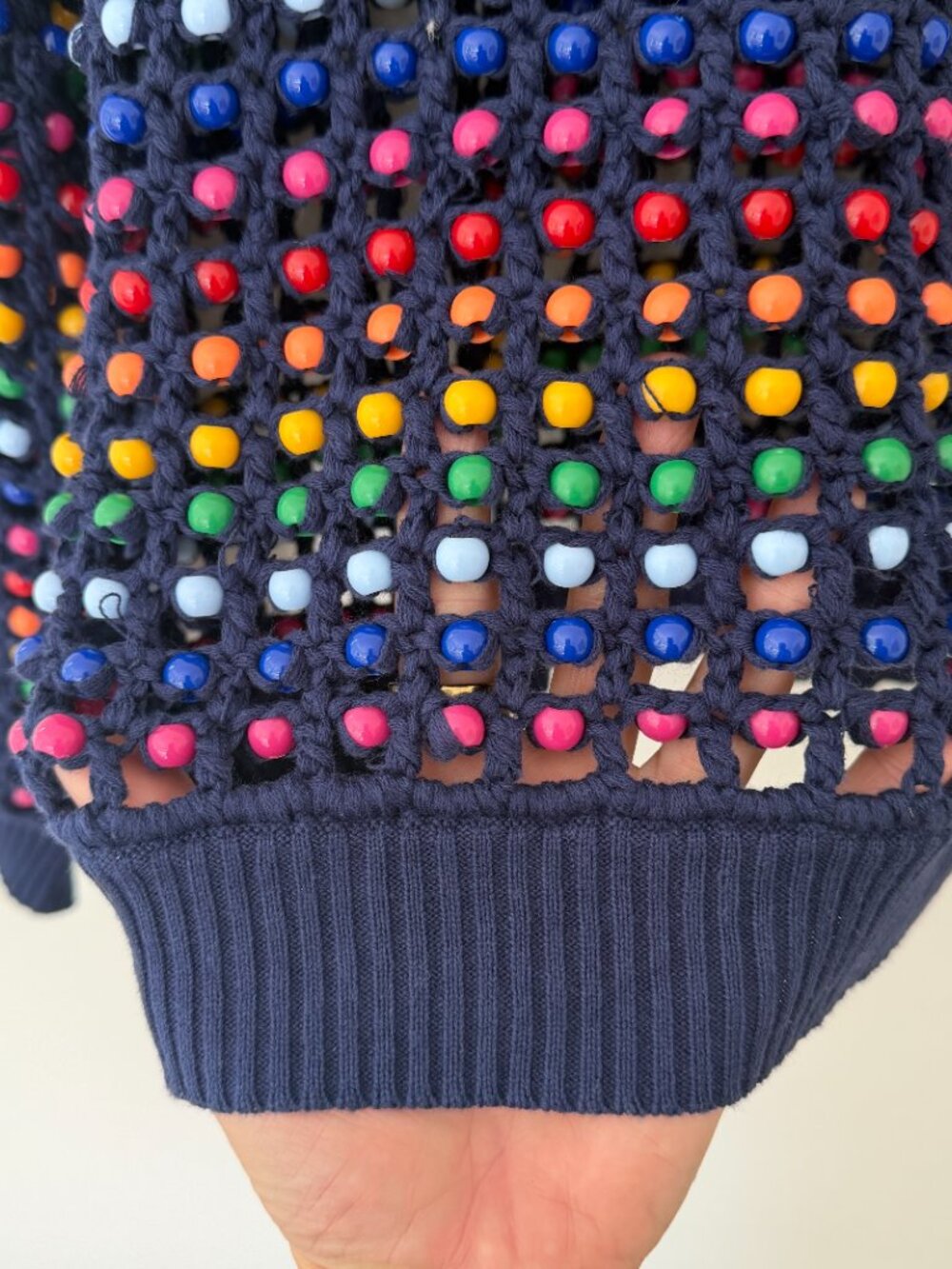 Farm Rio Navy Blue Topanga Rainbow Beaded Crochet Knit Sweater New With Tags - Picture 3 of 8